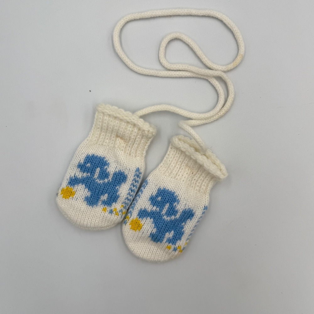 Vtg Knit Baby Mittens |‎ Blue Dog Motif | Infant Size | 1950-60s Era Mid-Century